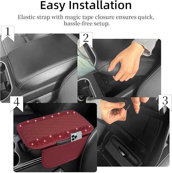 NBTEPEM Bling Burgundy Red Car Center Console Cover, Leather Car Arm Rest Cover with 2 Storage Bags, Universal Auto Armrest Protector Storage Box, Bling Accessories Interior for Most Vehicles