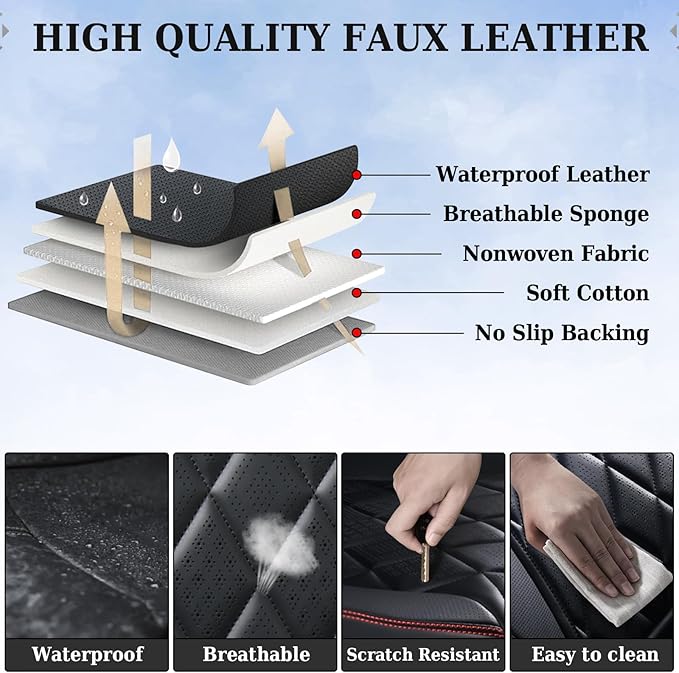 Coverado Car Seat Covers Full Set, Luxury Faux Leather Waterproof Seat Covers, Black Car Seat Covers, Universal Car Seat Prot