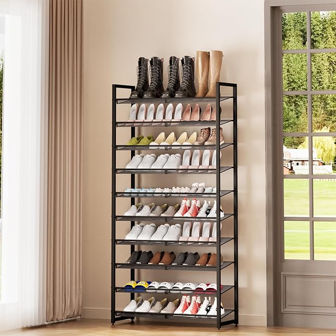 Shoe Rack, 10-Tier Metal Shoe Organizer, Tall Shoe Rack for Closet,entryway,Garage, with Adjustable Flat or Angled Shelves, 4