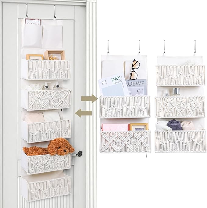 ANTIS'S HOME Over the Door Organizer Macrame Boho Nursery Storage with 5 Large Woven Pockets, Hanging Closet Basket for Bathr