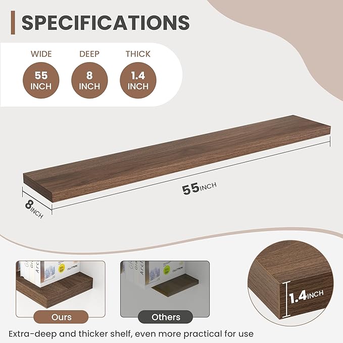 55 Inch Floating Shelves, 8 Inch Deep Floating Shelves for Wall, Hanging Shelf with Invisible Brackets, Deep Shelves for Bath