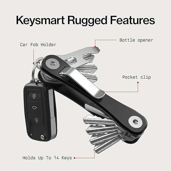 KeySmart Rugged - Multitool Key Holder for Keychain w/Bottle Opener and Pocket Clip, Organizer for Keys, EDC Keychains, Ring 