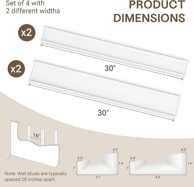 Fun Memories Picture Ledge Shelf - 30 Inches Floating Shelves Set of 4 - Floating Shelves with Lip for Storage - Wood Bookshe