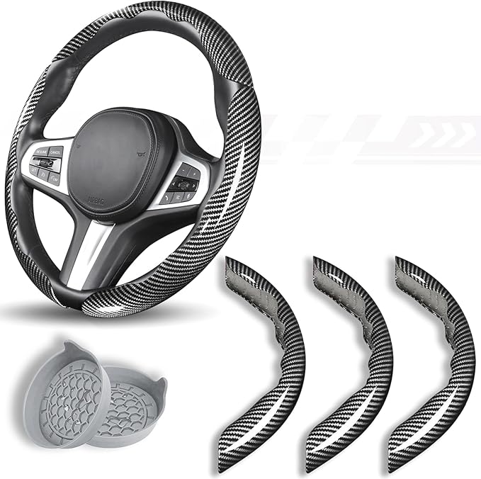 Car Steering Wheel Cover, 3 Piece Bright Carbon Fiber Steering Wheel Covers, Non-Slip Steering Wheel Cover Protector, Great Grip, Universal Car Accessories Decoration for 14.5-15 inch (Silver)