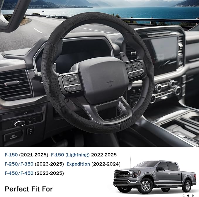 Steering Wheel Cover for Ford F150 2021-2025/ F-150 Lightning 2022-2025/ F250 F350 F450 F550 2023-2025/ Ford Expedition 2022-2024 Steering Wheel Cover Protector Accessories(Perforated Black Leather)
