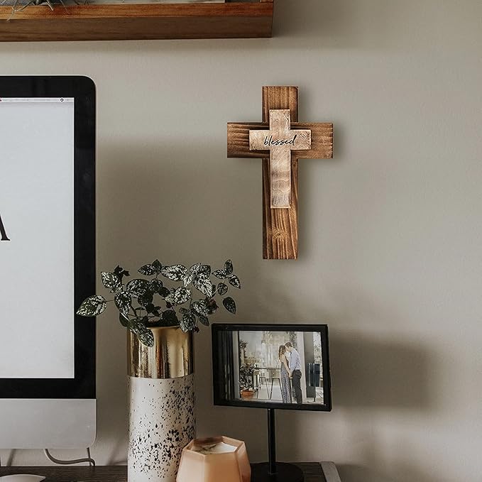 OKSQW Wall Wooden Christians Cross Spiritual Religious Cross Gifts With Hook on Hanging Wall Or Table With Blessed For Church