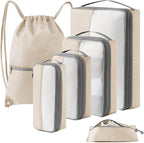 6 Set Compression Packing Cubes for Travel, Bonus Versatile Drawstring Backpack, Lightweight Luggage Organizer Bags, Sturdy T