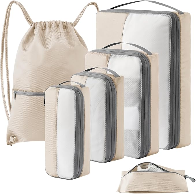 6 Set Compression Packing Cubes for Travel, Bonus Versatile Drawstring Backpack, Lightweight Luggage Organizer Bags, Sturdy T
