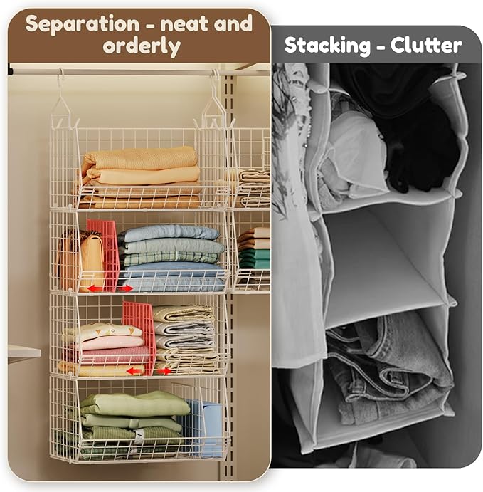 Jautokerdar 4 Tier Extra Large Hanging Closet Organizer,Closet Organizer Hanging with 5 S Hooks 4 Dividers,Clothes Organizer 