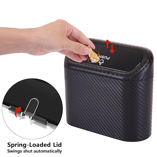 Ginsco Mini Car Trash Can with Lid, Small Car Garbage Can, Cute Leakproof ABS Car Trash Bin, Car Accessories for Interior, Garbage Bin for Car, Home, Office with 60pcs Trash Bags Carbon Fibre