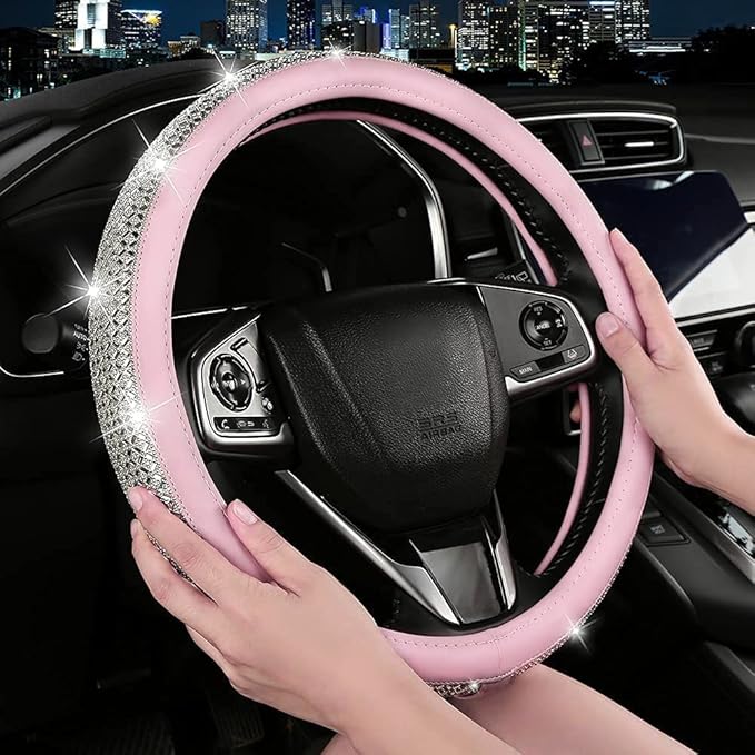 Bling Diamond Leather Steering Wheel Cover, Pink Steering Wheel Covers for Women Girls with Crystal Rhinestones, Universal Fit 14.5“-15" Car Steering Wheel Bling Cover Accessories