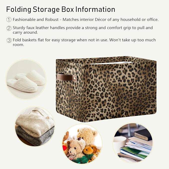 Leopard Print Vintage Storage Basket Collapsible Cloth Storage Cube Basket Bins Organizer with Handles Rectangular Large Toys
