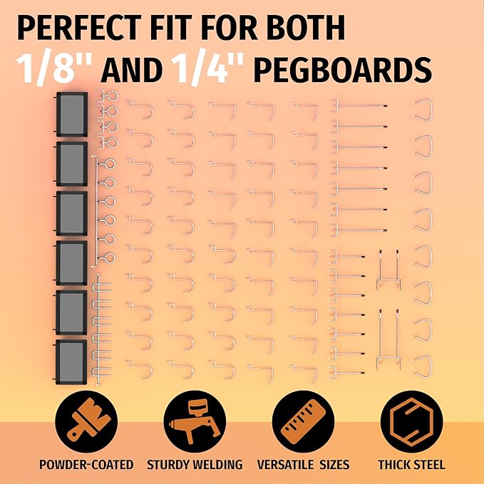 HUHOLE 86 Piece Pegboard Hooks Assortment Kit with Pegboard Bins Garage Tool Organizer Set Fits 1/8 and 1/4 Inch Peg Board Ac