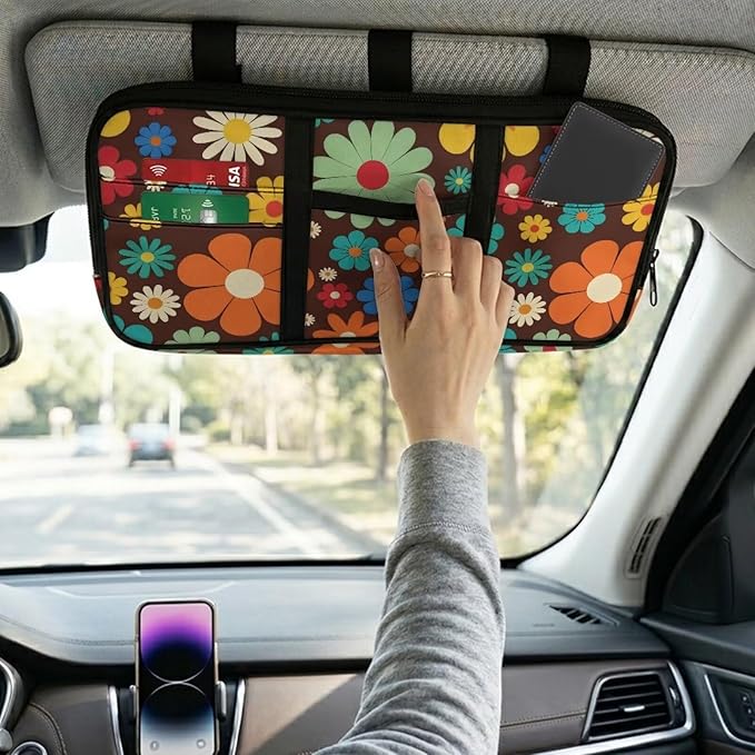 Car Sun Visor Storage Bag,Hippie Flower Design Car Accessories with Zipper Visor Storage Pouch Tactical Panel Adjustable Straps for SUV Truck