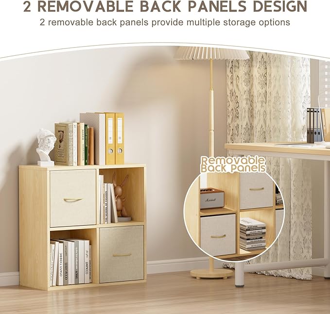 EXPERLAM 4 Cube Storage Organizer - Solid Wood Bookshelf with 2 Storage Bins, Cube Shelf with 2 Removable Back Panels, Vertic