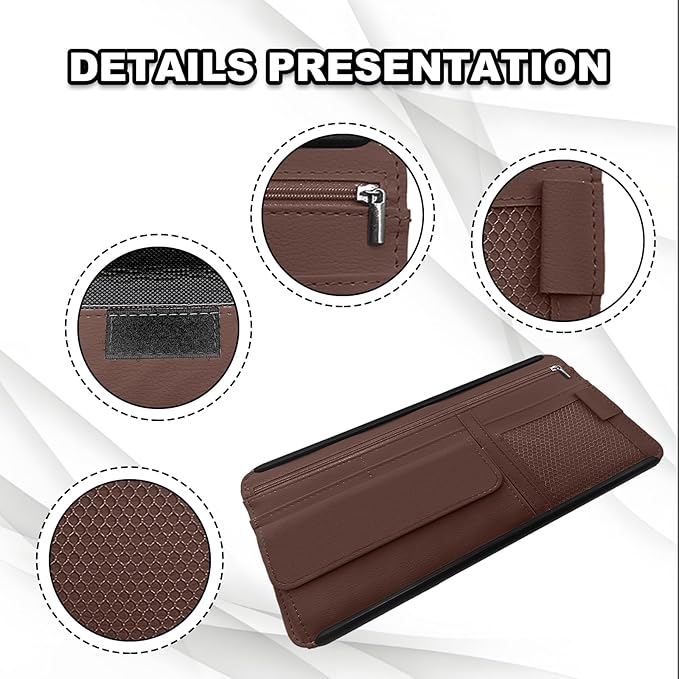 Car Sun Visor Storage Bag, Soft Leather Surface Organizer, Scratch-Resistant Auto Sunshade Organizer Bag, Can Store ID Card, Eyeglasses, Pen, Driving License etc (Brown)