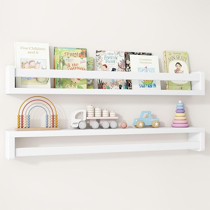Fun Memories Nursery Book Shelves Set of 2, 32 Inch Solid Wood Wall Book Shelves, Kids Room Floating Shelves Organizer & Toy 