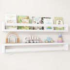 Fun Memories Nursery Book Shelves Set of 2, 32 Inch Solid Wood Wall Book Shelves, Kids Room Floating Shelves Organizer & Toy 