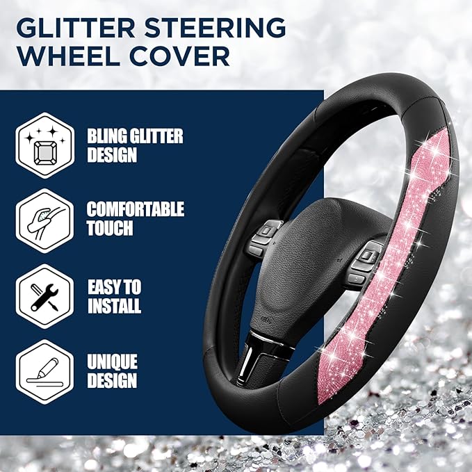 PIC AUTO Steering Wheel Cover, Hot Pink Sparkly Crystal Bling Glitter with Leather, Universal Fit 14.5"-15.5" Car Steering Wh