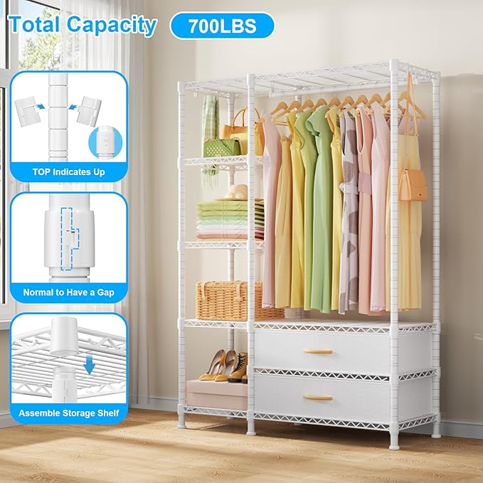 Ulif F3 Heavy Duty Clothes Rack（With Fabric Drawers）Freestanding Clothing Racks for Hanging Clothes，Adjustable Closet Organiz