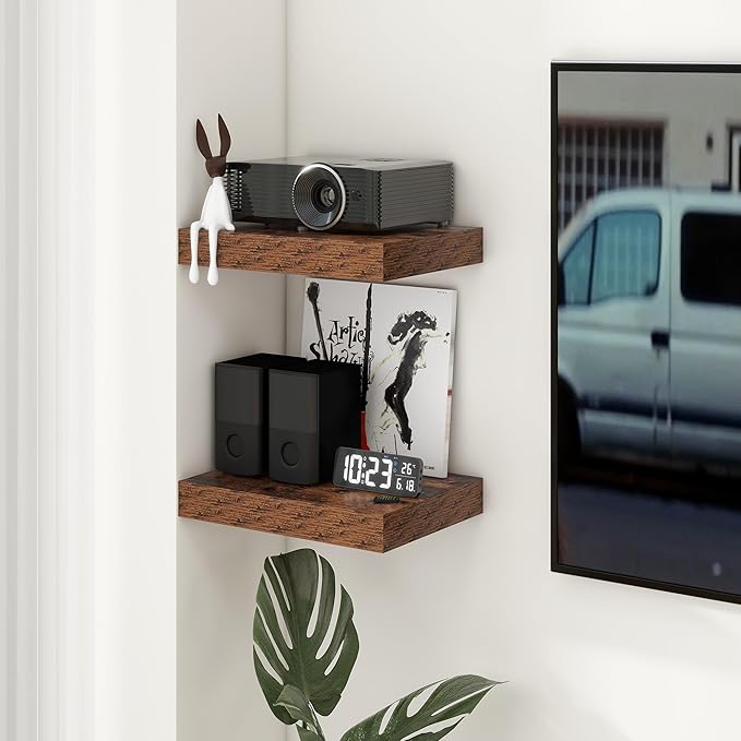12 Inch Deep Floating Shelves | 16 Inch Brown Floating Shelves Set of 2 | 16W x 12D Rustic Shelves for Wall | Deep Wood Shelv
