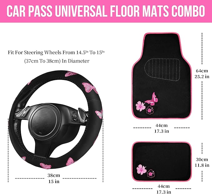 CAR PASS Embroidery Butterfly Steering Wheel Cover and Waterproof Car Floor Mats,Pink Car Mats 14.5-15inch Steering Wheel Cov