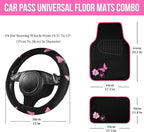 CAR PASS Embroidery Butterfly Steering Wheel Cover and Waterproof Car Floor Mats,Pink Car Mats 14.5-15inch Steering Wheel Cov