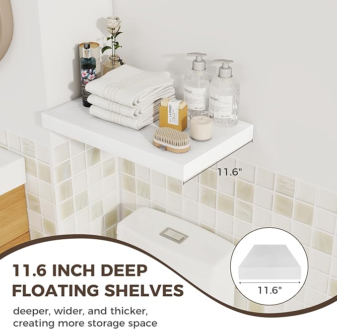 Fun Memories 12 Inch Deep Floating Shelves for Wall, 20 Inch Long Wall Mounted Storage Shelf with Invisible Brackets, 3 Pack 