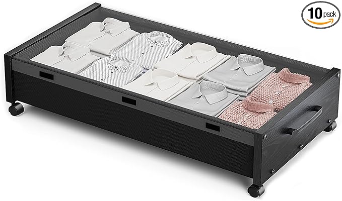 KITHELP Wooden Under Bed Storage with Wheels, Rolling Under the Bed Storage Bins with Removable Lid, Metal Under Bed Drawers 
