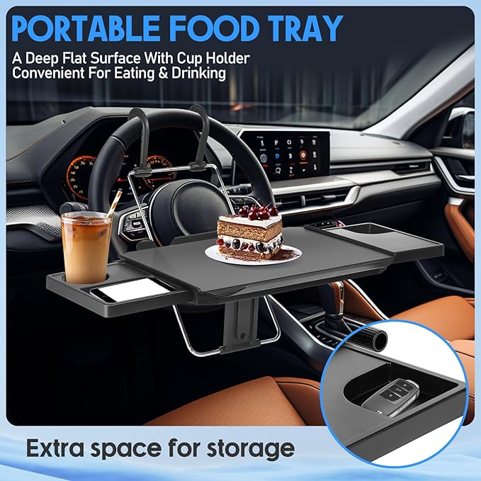 Large Car Steering Wheel Tray Back Seat Headrest Steering Wheel with Phone Holder Desk Food Table for Eating Food Drink and