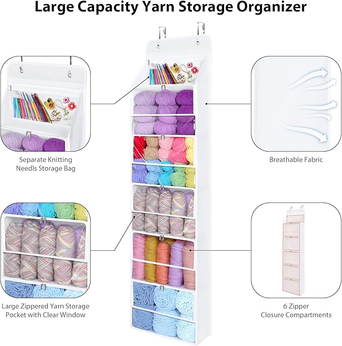 Univivi Hanging Yarn Storage Organizer with 6 Zipper Closure Compartments, Large Capacity Knitting Organizer Storage, Over th