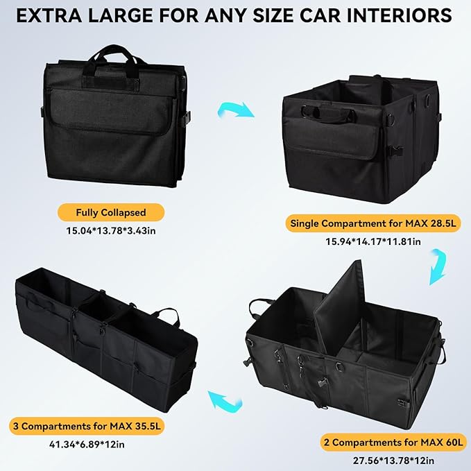 Car Trunk Organizer for SUV 60L Backseat Car Organizer Back Seat Large Storage Trunk Compartment Collapsible Car Caddy Heavy