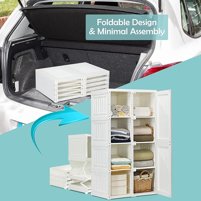 Tangkula Portable Closet Wardrobe, Foldable Clothes Organizer with Cubby Storage, Hanging Rods, Easy Assemble Clothing Storag