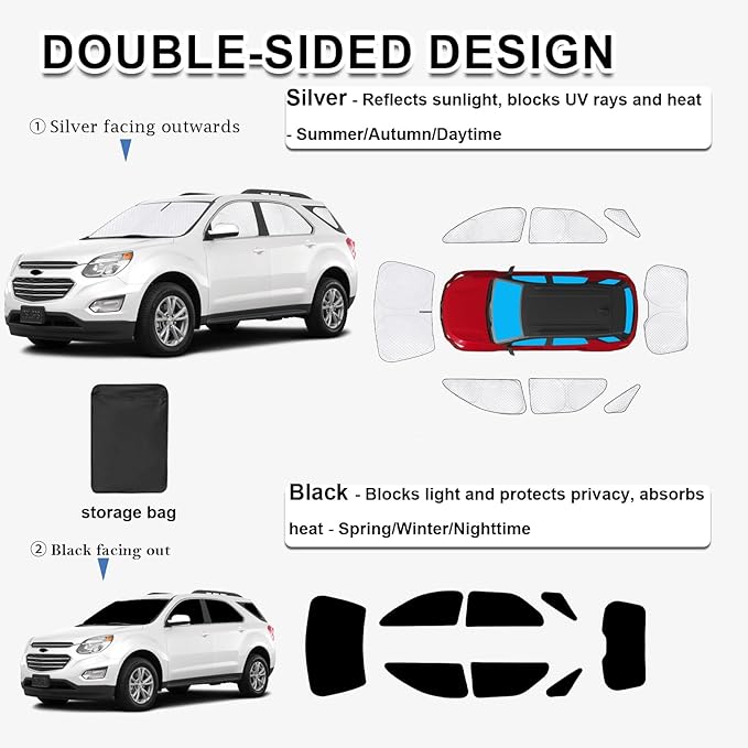KMF 8pcs Thicken Sun Shades for Chevy Equinox 2010-2017 Accessories, Chevrolet Full Car Window Covers Sunshade for Windshield Side Rear, UV Block and Blackout Privacy for Car Camping Outdoor