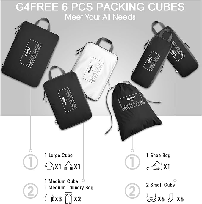 G4Free 6 Set Compression Packing Cubes, 3 sizes Travel Packing Organizers for Suitcases, Expandable Luggage Suitcase Storage 