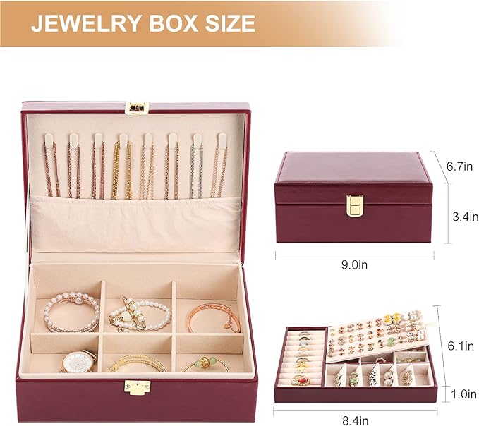 Jewelry Boxes for Women Girls PU Leather Jewelry Organizer Box 2 Layer Large Jewelry Storage Case Removable Tray for Necklace