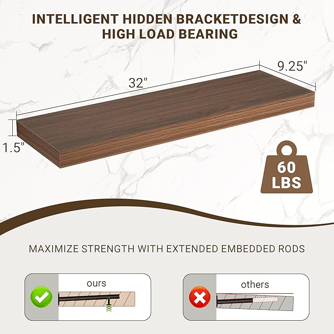 32 Inch Floating Shelves, 3D Textured Wood Grain, 32"x9.25"x1.5" Inch Deep Floating Shelves for Wall, Wooden Shelves for Bath