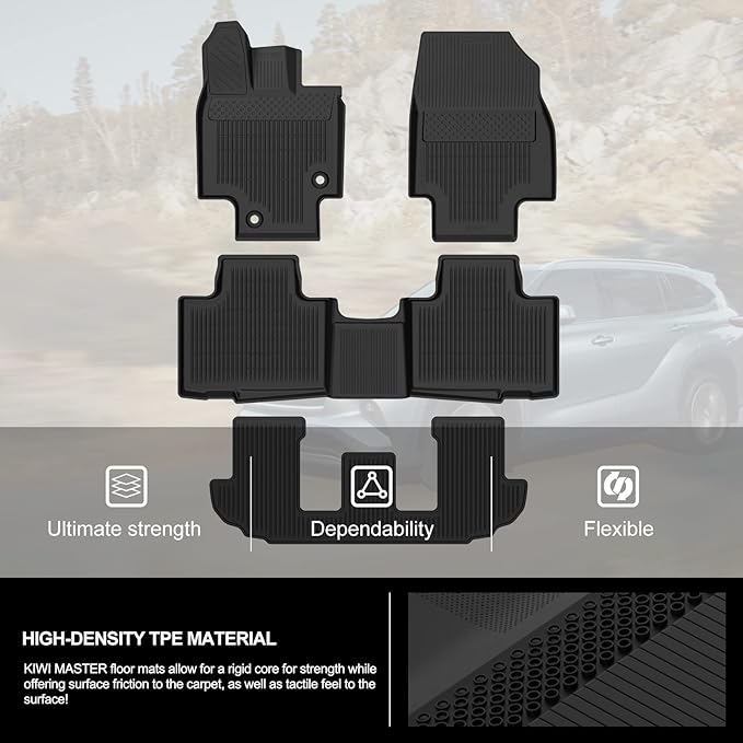 KIWI MASTER Floor Mats for 2020-2026 Toyota Highlander, OEM Replacement PT908-48200-20, Custom Fit All Weather Car Mats, Heavy Duty TPE Floor Liners, 1st & 2nd & 3rd 3 Row, Black