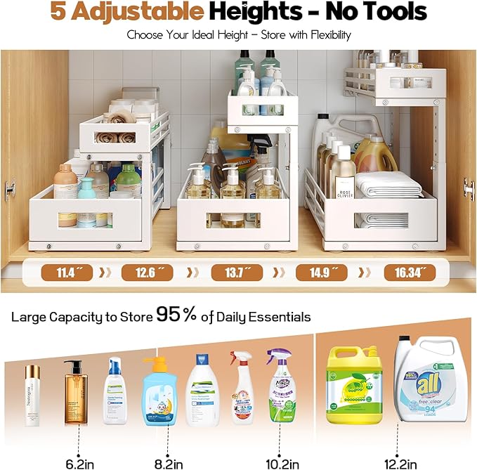 2-Pack 17"Deep Under Sink Organizer And Storage, 2-Tier L-Shaped Pull Out Cabinet Organizer with Upgraded Slide Rails, Height