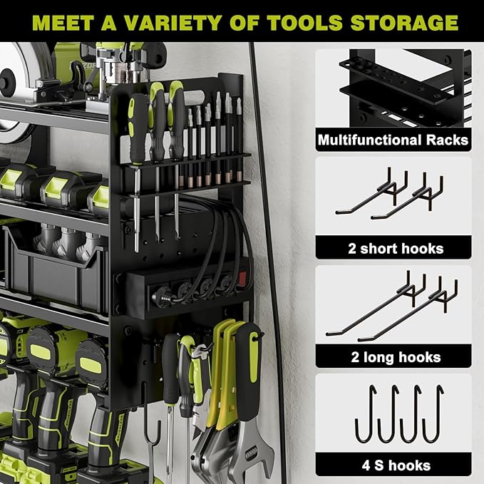 12 Cordless Drill Holder Large Power Tool Organizer Wall Mount with Side Pegboard & Screwdriver Holder, 4-Tier Heavy Duty Met