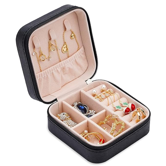 Neveika 2pcs Portable Travel Mini Jewelry Box Leather Jewellery Ring Organizer Case Storage Gift Box Girls Women (black).