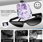 Leather Magnetic Sunglass Holder for Car Sun Visor, Cute Eyeglass Ticket Card Hanger Clip, Universal Auto Interior Accessories for SUV Pickup Truck Purple Floral