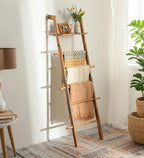 ZUNTO Blanket Ladder with Top Shelf for The Living Room - 67in Decorative Wooden Blanket Holder, 5 Tier with Side Hooks for H