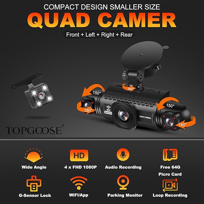 4 Channel Dash Cam 360° View, TOPGOOSE 2K Front and Rear Inside, Left Right Dash Camera for Cars, 8 IR Lamps Night Vision, 5G