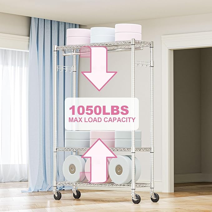 M MZG Heavy Duty Rolling Garment Rack 3 Tiers Adjustable Wire Shelving Clothes Rack with 1 Rods and Side Hooks,Storage Closet