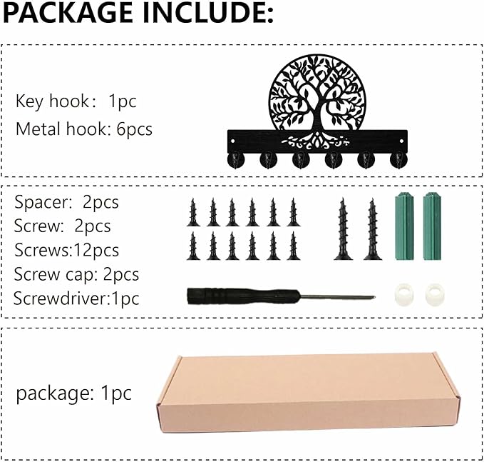 Tree of Life Key Holder Black Key Holder Wall Mount 11.8 x 7.5 Inch Botanical Theme Wooden Keychain Hanger Organizer Rack wit