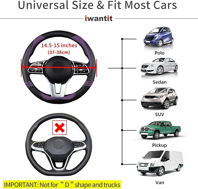 Iwantit® Steering Wheel Covers with Leather and Anti-Slip Rubber Ring, Universal Fit 14.5-15 inches for Cars,SUV (Purple/Blac