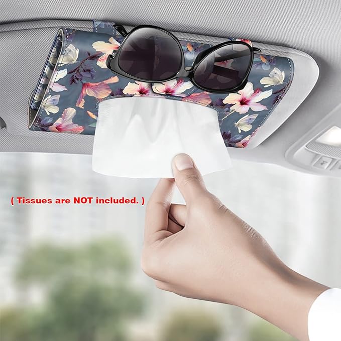CaseBot Car Visor Tissue Holder, Sun Visor Napkin Holder, Mask Holder for Car, PU Leather Backseat Tissue Box for Truck SUV, Blooming Hibiscus