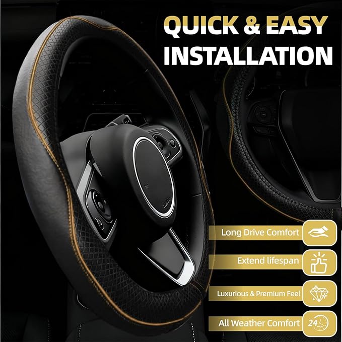 NBTEPEM Microfiber Steering Wheel Cover and Waterproof Car Floor Mats, Universal Fit Most Truck, SUV, Cars, 14.5-15inch Sporty Steering Wheel Covers with Anti-Slip Lining (Black with Beige line)