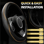NBTEPEM Microfiber Steering Wheel Cover and Waterproof Car Floor Mats, Universal Fit Most Truck, SUV, Cars, 14.5-15inch Sporty Steering Wheel Covers with Anti-Slip Lining (Black with Beige line)